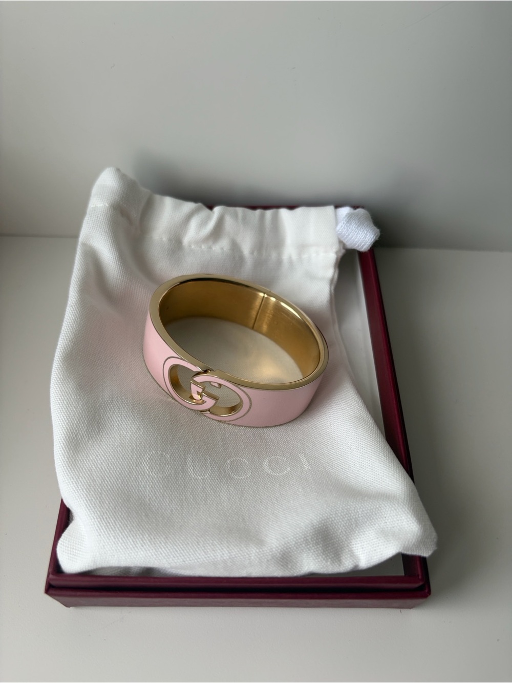 Gucci Pink Enamel Double G Gold-Tone Cuff Bracelet